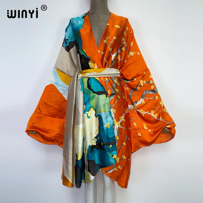 2022 WINYI Summer Beach Wear Swim Suit Cover kaftan sweet lady boho Cardigan stitch Self Belted sexy Holiday long Sleeve Kimono