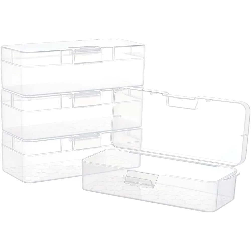 4 Packs Rectangle Plastic Container Box 6.4x2.6x1.8inch Clear Storage Organizer with Hinged Lid and Hanging Hole for Small Craft