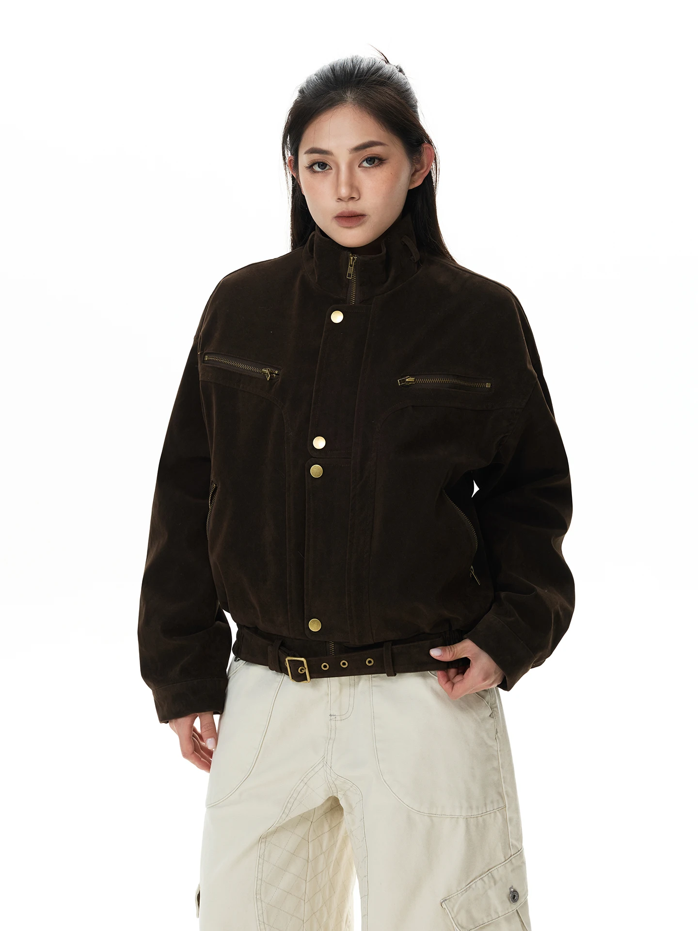 

Talk Later Retro Suede Collar Workwear Jacket Women's Loose Casual Short Outerwear American Style Multi-Pocket Polyester