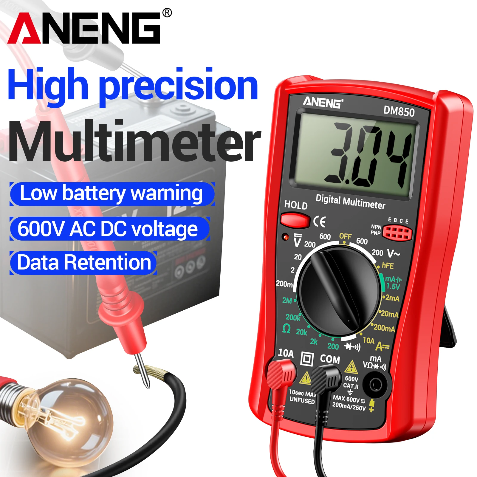 בודק מולטימטר ANENG DM850 1999 מדידות AC DC 600V DC10A אוהם, תמונה 2
