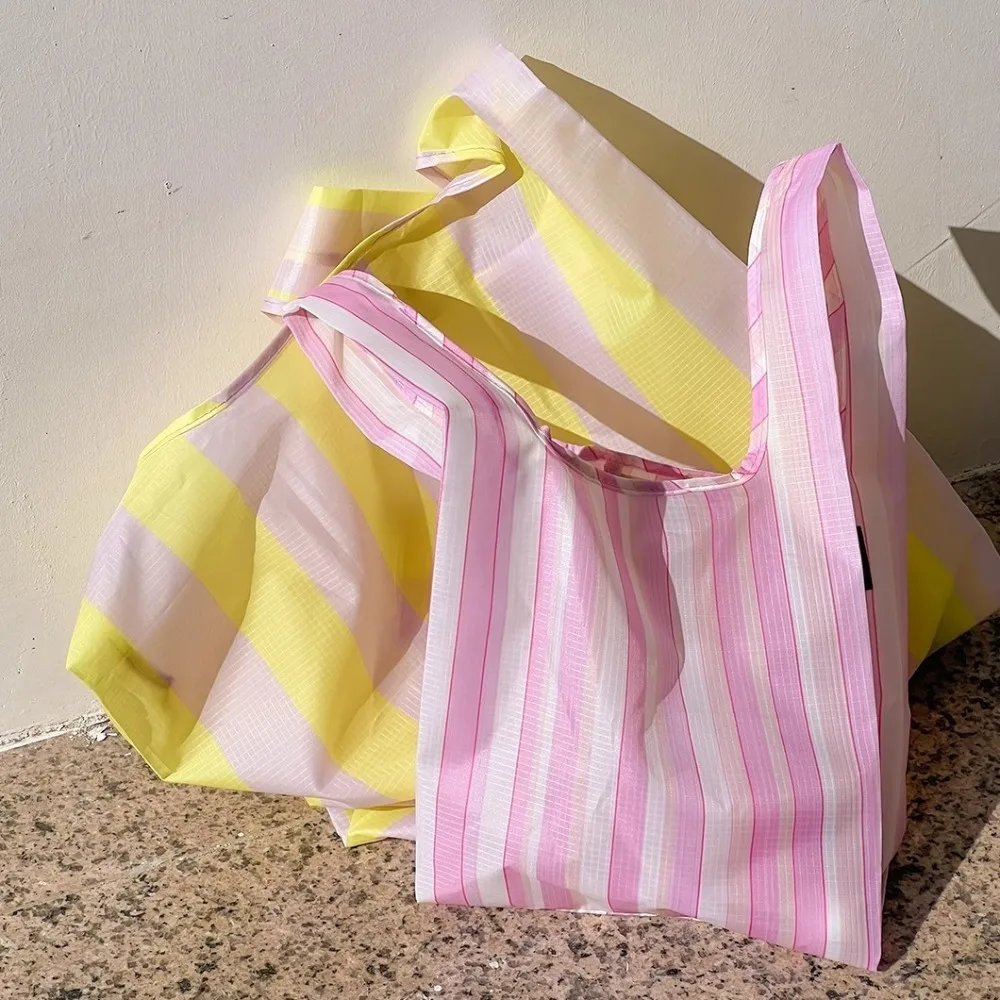 

Simple Casual Striped Shopping Bag Eco-friendly Large Capacity Shoulder Bag Foldable Reusable Packaging Bag