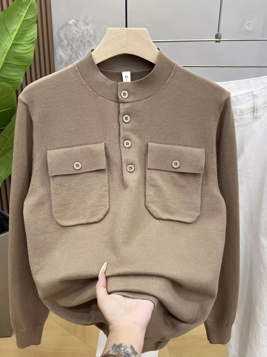 

Мужская футболка Henry Collar, осенне-зимняя, с лоскутным узором, простая, с длинным рукавом, из полиэфирного волокна