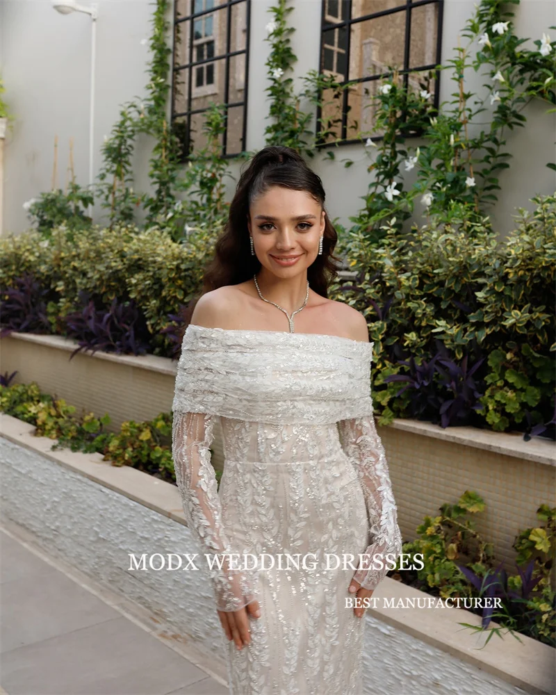 MODX Knöchellange Spitze Glitzer Abendkleider Dubai Arabisch Frauen Schulterfrei Ärmel Ballkleider Formelle Anlässe Partykleid