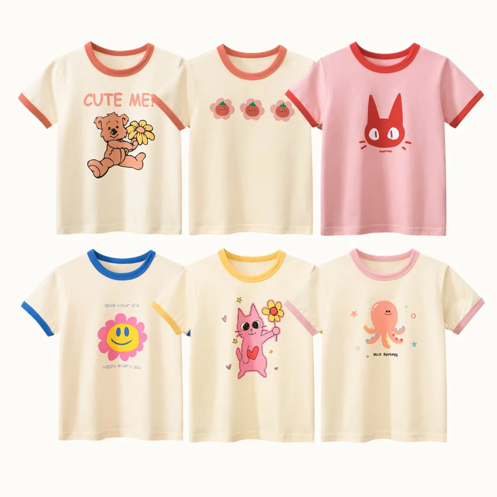 Kids Girls Clothes 100% Cotton Short Sleeve T-Shirts Bear Cat Cartoon Children Clothes 2 3 4 5 6 7 8 Years Kids Summer Clothing