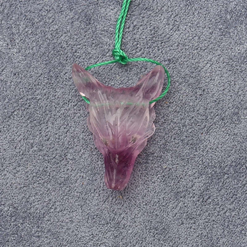 Carved Fluorite Fox Head Pendant Translucent Pink-Purple Gemstone Jewelry Component for Handmade Accessories 26x20x9mm-4.2g
