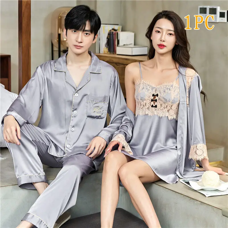 Men Women High Quality Satin Couple Pajamas Gown Set Sexy Hollowout Lace  Spaghetti Straps V-Neck Long Sleeves Pants Loungewear