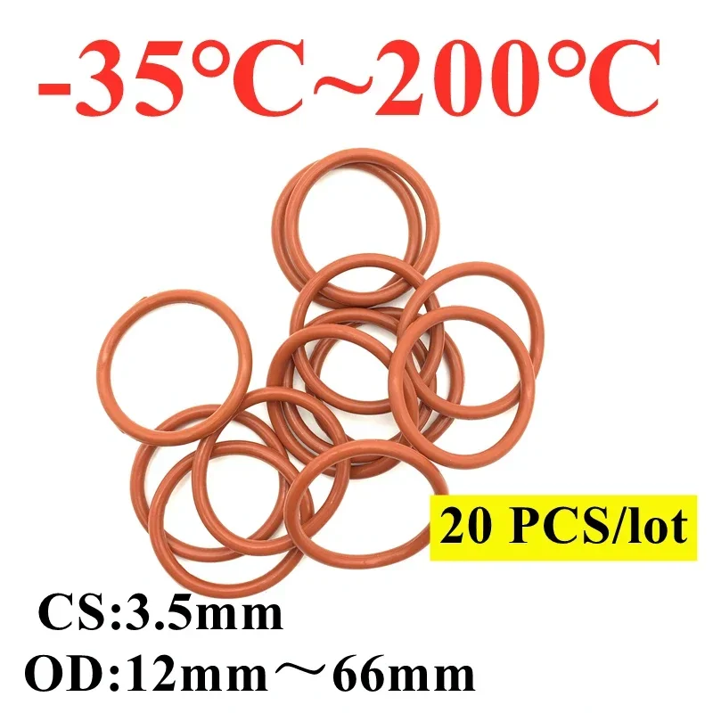 Washers Red Silicon VMQ O Ring Gasket CS 3.5mm OD 12 ~ 66mm Food Grade Sealing Waterproof Insulated Rubber Silicon Rings 20pcs