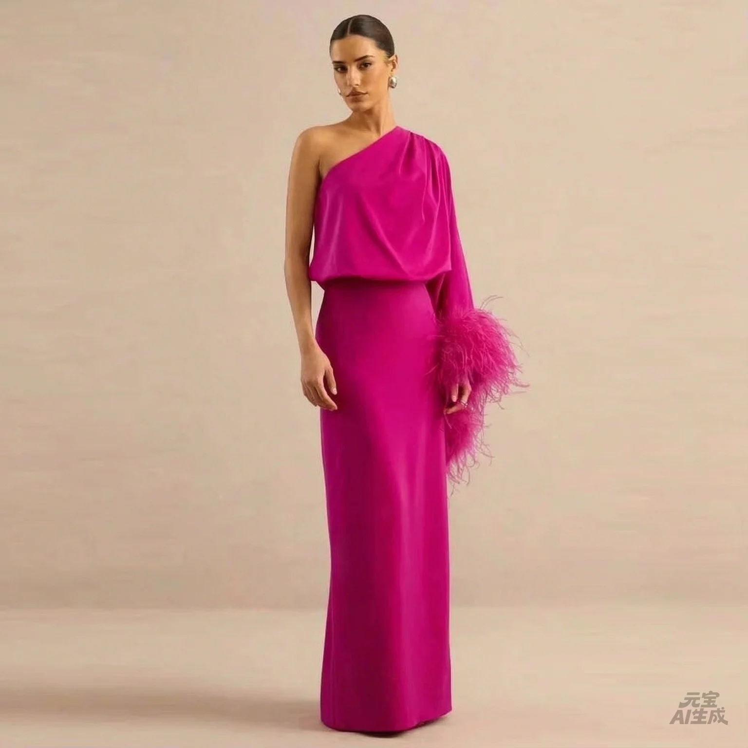 Satin Fuchsia Evening Dresses with Feathers One-shoulder Column Empire Waist فساتين سهرة Elegant Prom Dress Customized 2026