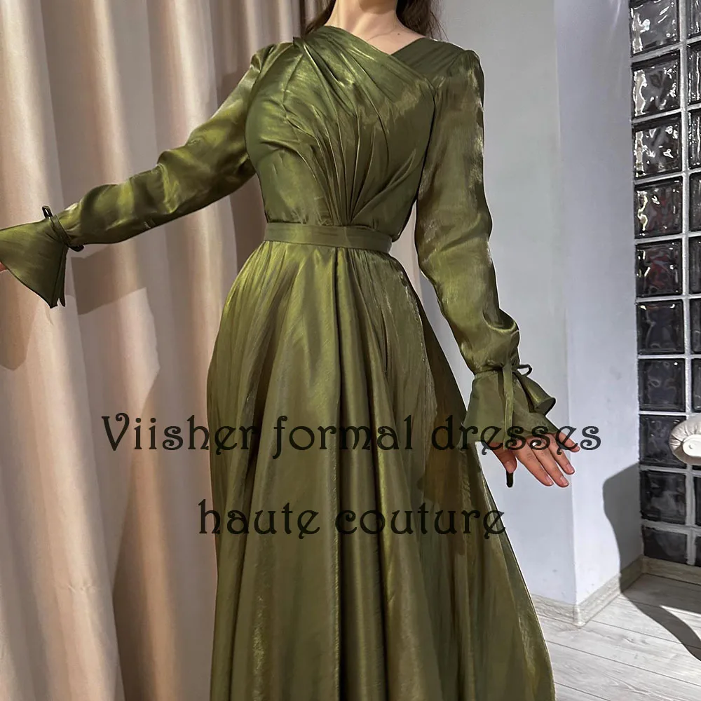 Vestidos de Fiesta de Organza verde para mujer, manga larga, cuello en V, árabe, Formal, largo hasta el suelo, vestidos de fiesta de noche