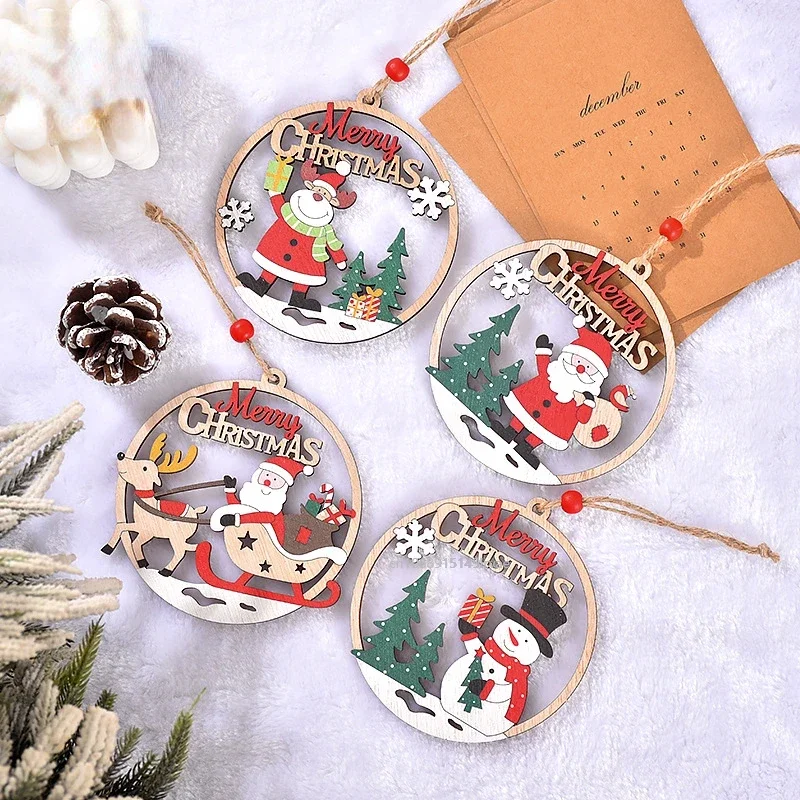 Christmas Wooden Hanging Pendant Cartoon Santa Claus Snowman Elk Xmas Tree Drop Ornament Merry Christmas Party Home Decor