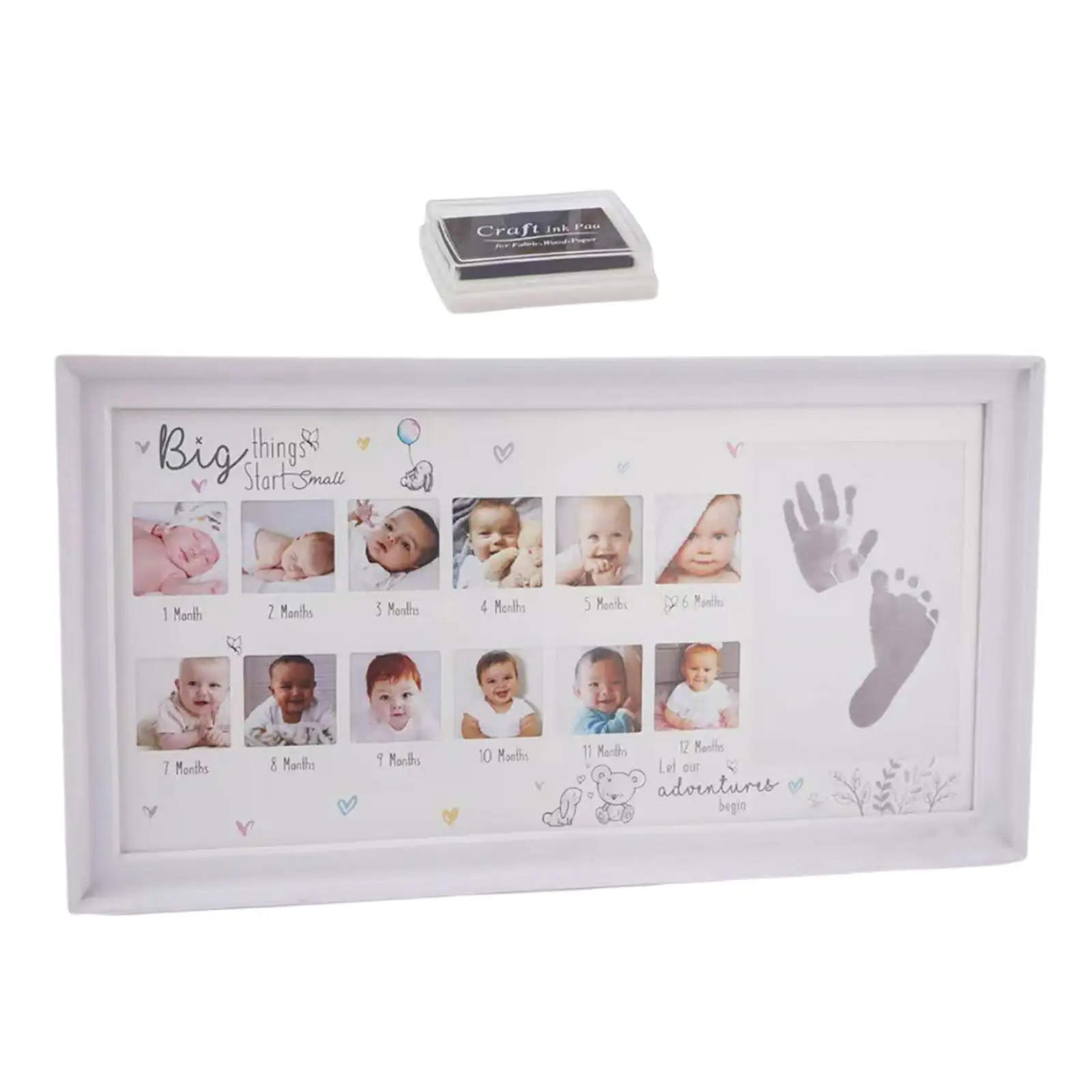 Baby Photo Frame Newborn DIY 0-12 Month Kids Gift My First Year Baby Shower Picture Frame with Ink Pad Footprint & Handprint