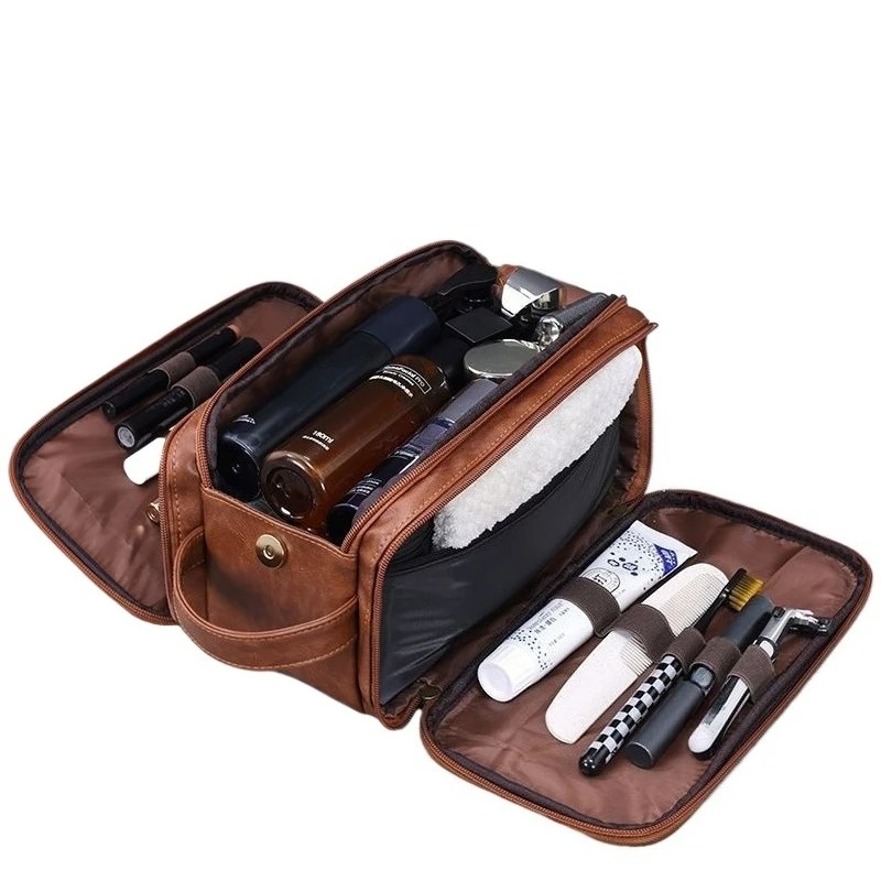 Large Capacity Toiletry Bag Multifunctional PU Leather Travel Cosmetic Pouch Portable Waterproof Shower Organizer with Handle