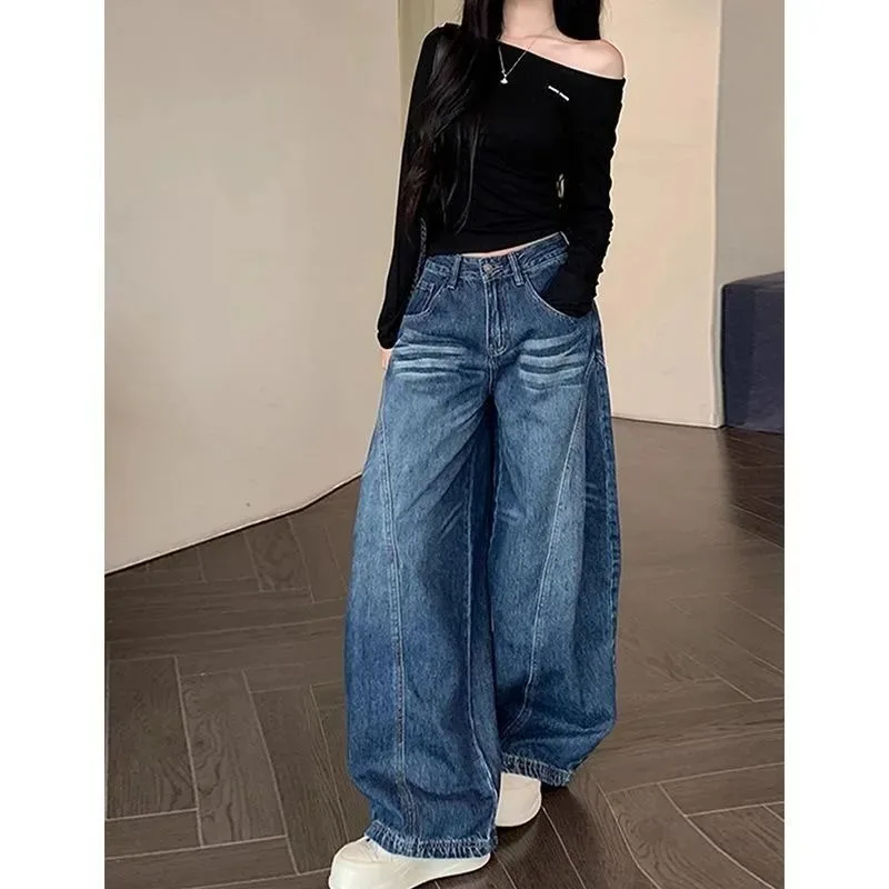 

Новые модные джинсы с высокой талией и изогнутым кроем 2026 года, женские, в американском ретро-стиле, свободные прямые джинсовые брюки