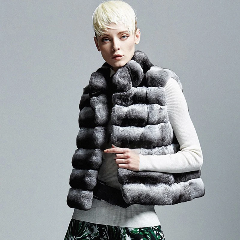 Genuine Rex Rabbit Fur Vest Jacket Women Stripe Stand Collar Tops Winter Warm Fashion Sleeveless Tank Top Real Fur Coat Female