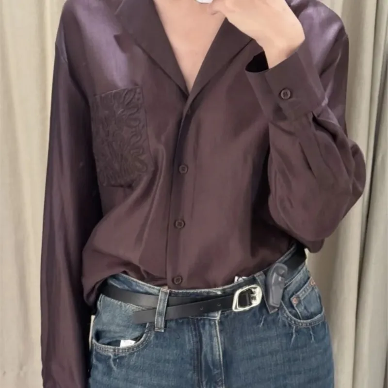 Women's Autumn Fashion Embroidered Pocket Loose Elegant Shirt Women's Holiday Shirt Casual Women's Top