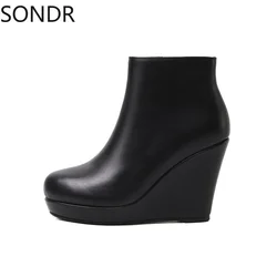 Womens Platform Ankle Boots Wedge High 12CM Heel Genuine Leather Shoes Warm Winter Side Zip Black