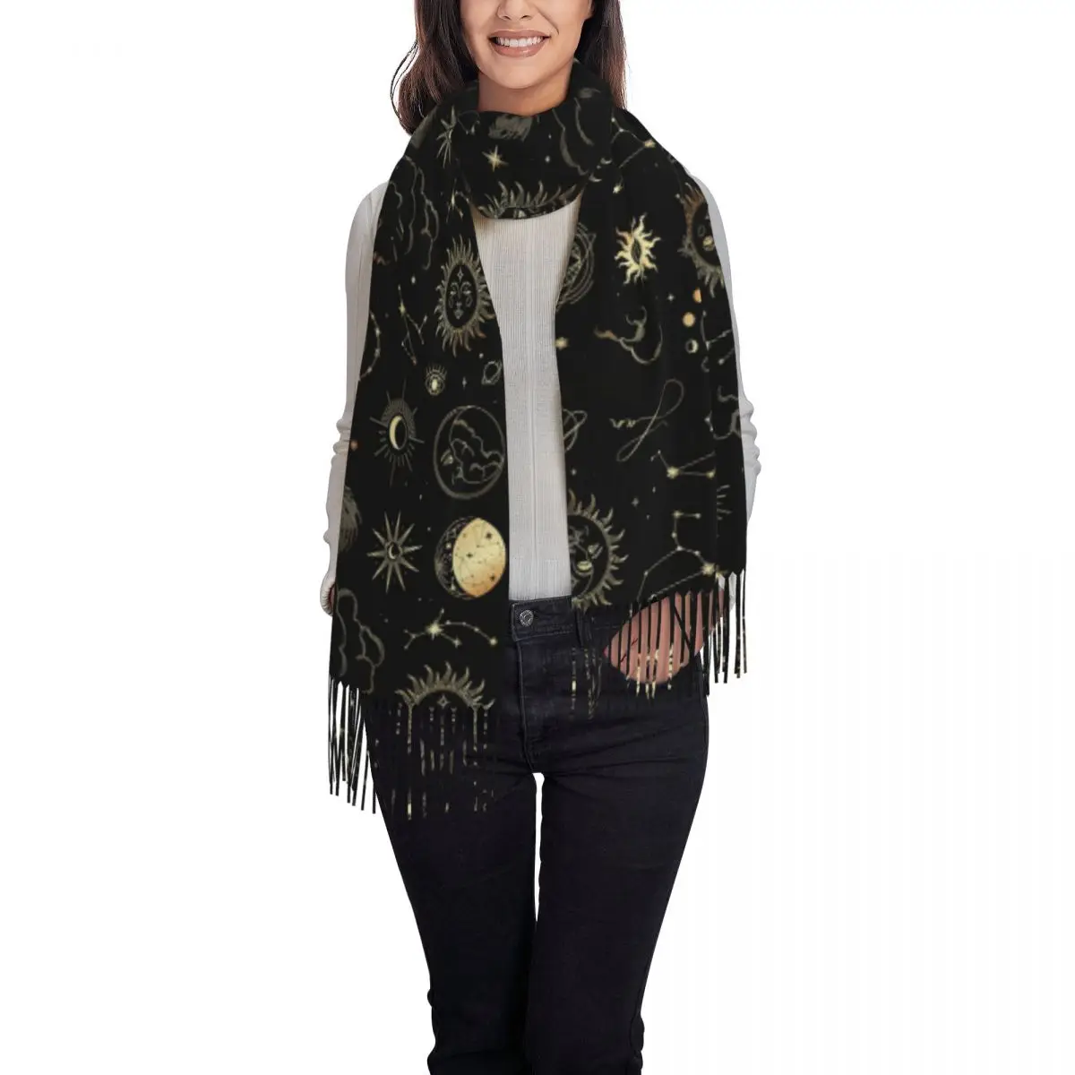 Celestial Mystic Esoteric Magic Sun Moon Scarf Tassel Scarves for Women Soft Warm Shawls and Wraps Long Fall Winter Shawl Wrap