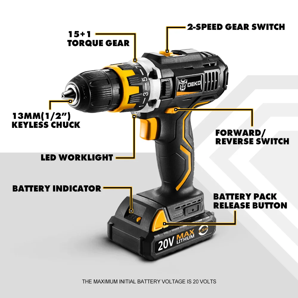 DEKO-destornillador eléctrico inalámbrico modelo GCD20DU2 con luz LED, taladro sin cable con batería de iones de litio de 20V máx y velocidad