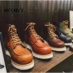 Men's Goodyear-Welted Vintage Genuine Leather Mid-calf Motorcycle Boots Round toe Casual Punk Dress Boots Work Shoes Western Red