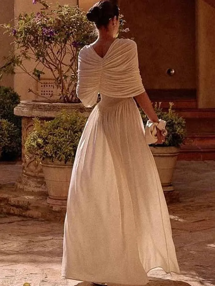 MCDV 플리츠 시크 숄 롱 드레스 여성 우아한 화이트 슬림 하이 웨이스트 A라인 탱크 드레스 2025 여름 휴가 여성 이브닝 로브