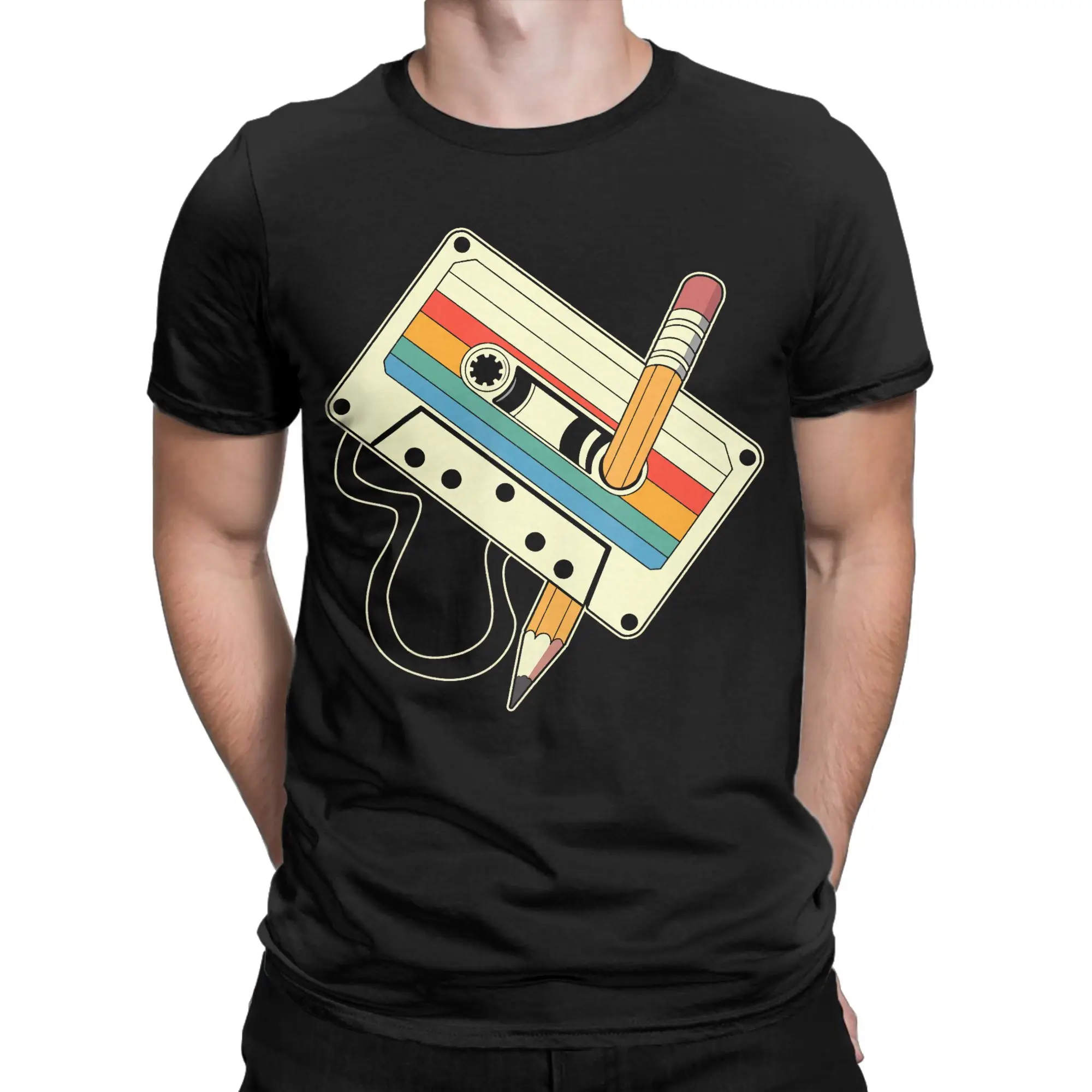 80s 90s Retro Music Mixtape Cassette Tape Pencil Nostalgia T Shirt  Hip Hop T Shirts Short Sleeve Awesome Tops O-Neck Tees