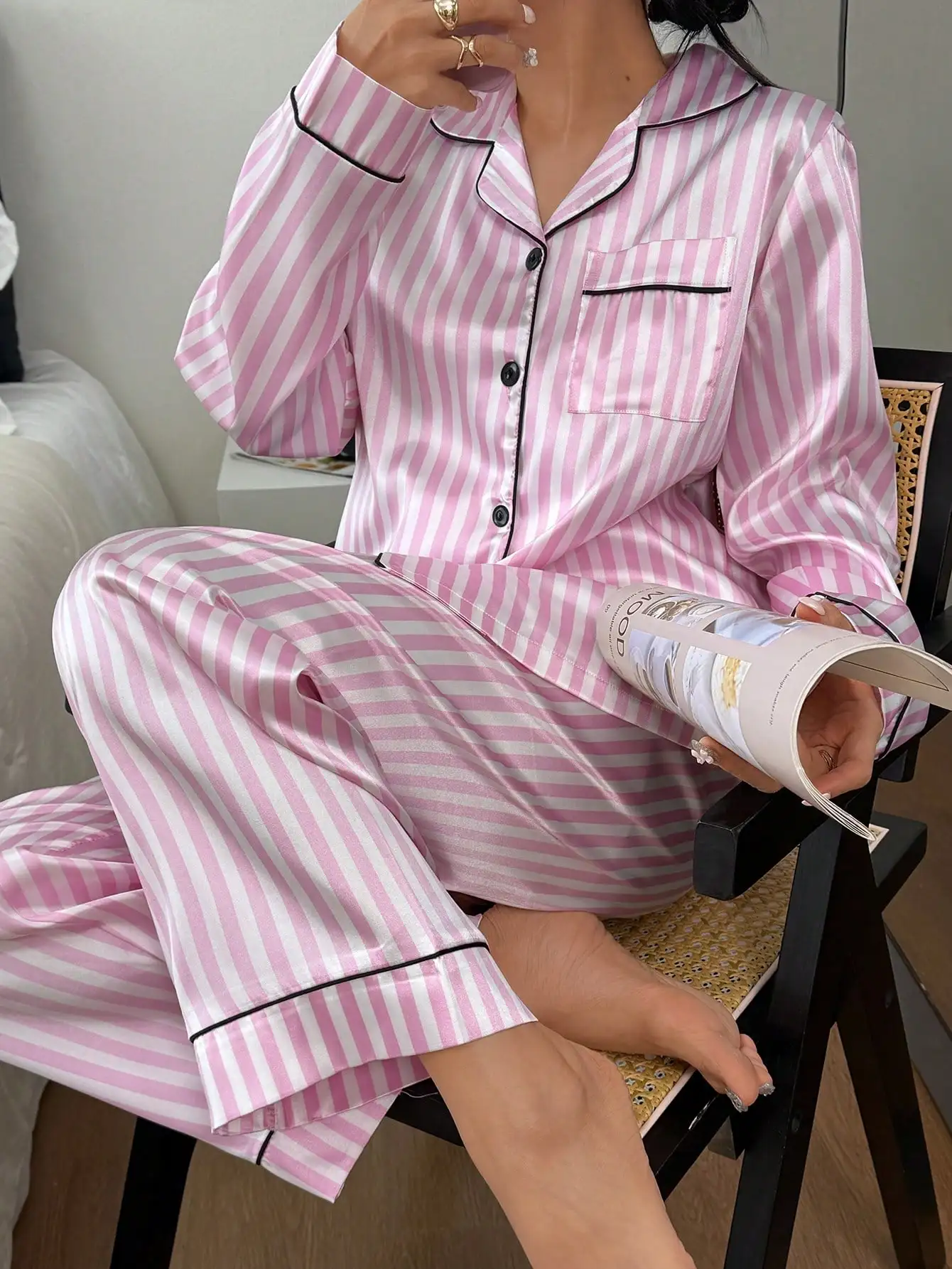 

Women's Pink & White Striped Satin Pajama Set with Contrast Trim