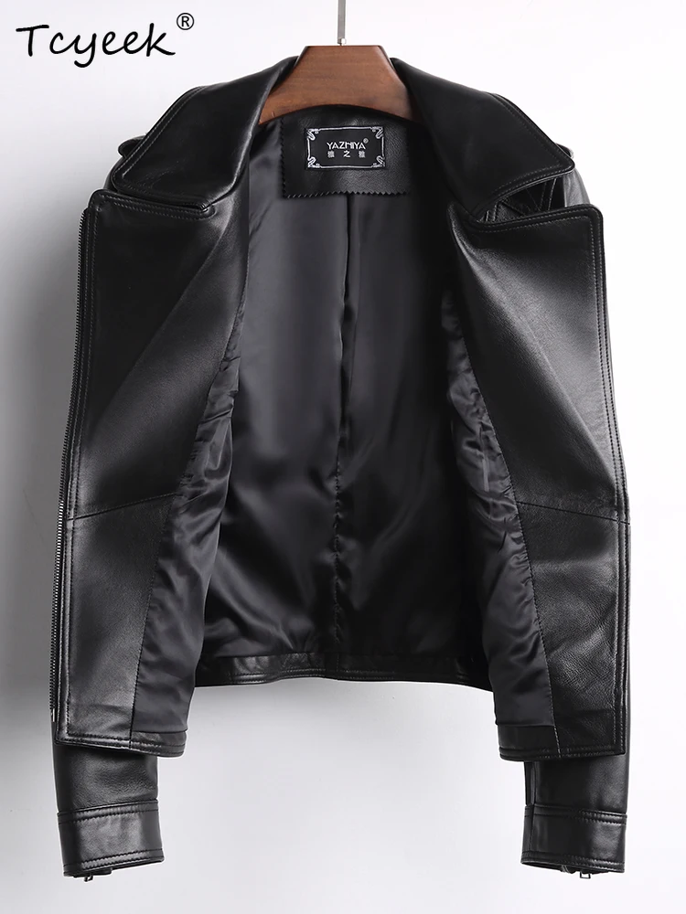 Tcyeek Schaffell Frauen Leder Jacke Frühling Herbst Anzug Kragen Lange Ärmeln Schwarz Kurze Motorrad Jacke Chaqueta Cuero Mujer