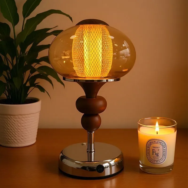 for Medieval Solid Wood Court Retro Desk Lamp Luxury Rechargeable Touch Switch Bedroom Bedside Atmosphere Night Light