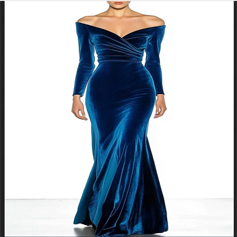 

Blue Velvet Luxury Dress 2025 for Wedding Guest Off the Shoulder Evening Dress Victorian Dresses for Woman Mermaid Dress Party