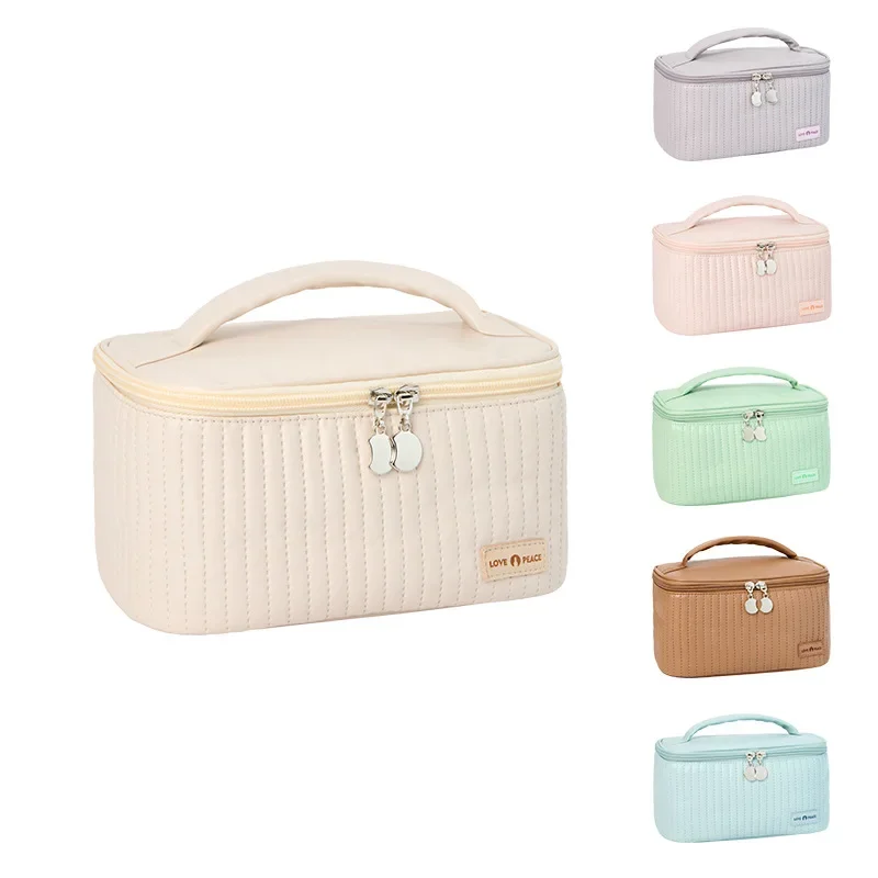 Bolsas de maquillaje para mujer, estuches bonitos de viaje, caja organizadora de maquillaje portátil de Color sólido, bolsa de cosméticos, Neceser de cuero PU