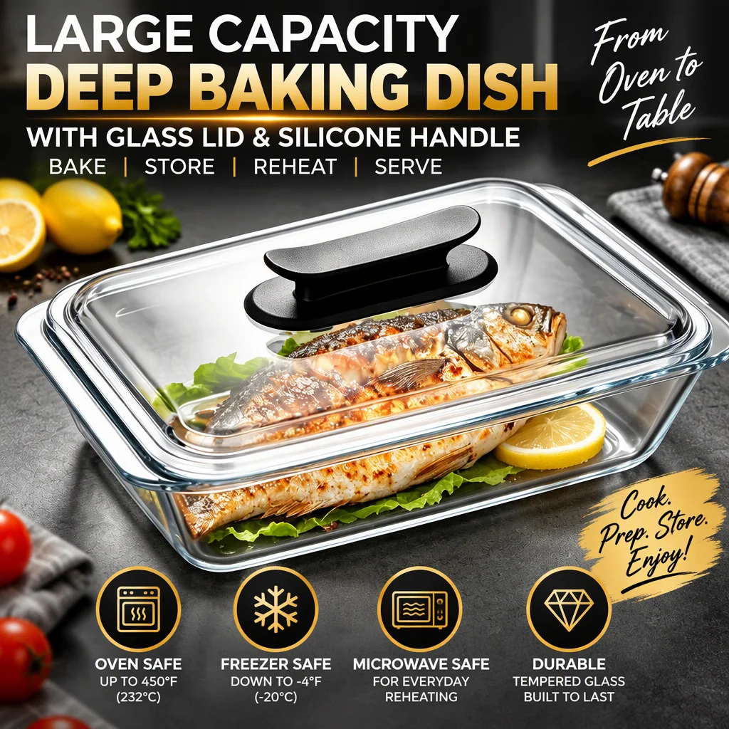 3size Large Deep Baking Dish with Glass Lid & Silicone Handle Deep Casserole Dish for Lasagna Roasting & Meal Prep, Oven/Freezer