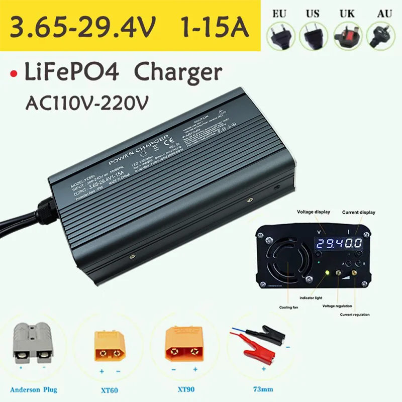 

3.65-29.4V 14.6V 1-15A LiFePO4 Car Trickle Charger 1S 4S 8S Deep Cycle Marine Solar 12V 24V Lithium Iron Phosphate Golf Cart RV