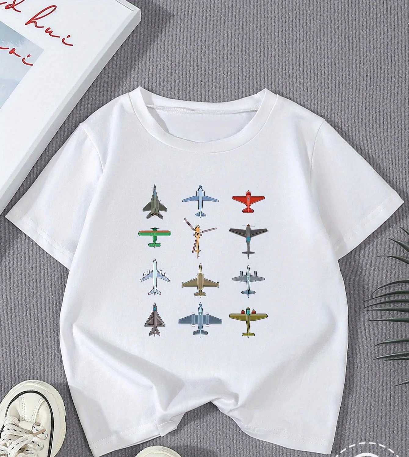 Young Boy Toy Airplane Print Fashionable Casual T-shirt Soft Comfortable Summer Kid Round Neck Short Sleeve T-shirt Clothing
