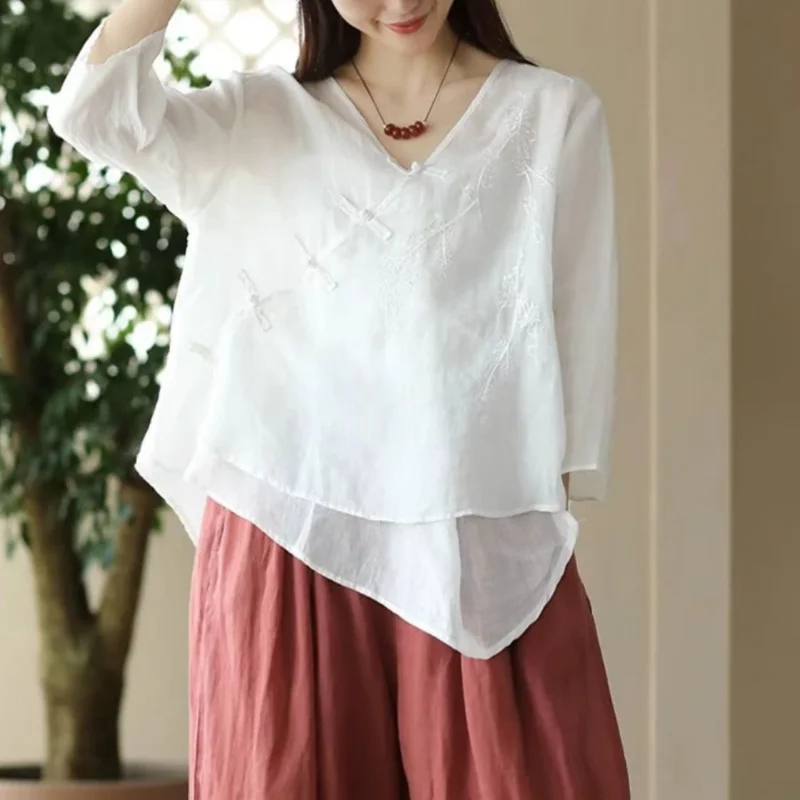 

2024 Summer New Women's Blouse V-Neck Pan Button Embroidery Chinese Style Vintage Loose Flare Sleeve Asymmetrical Chiffon Tops