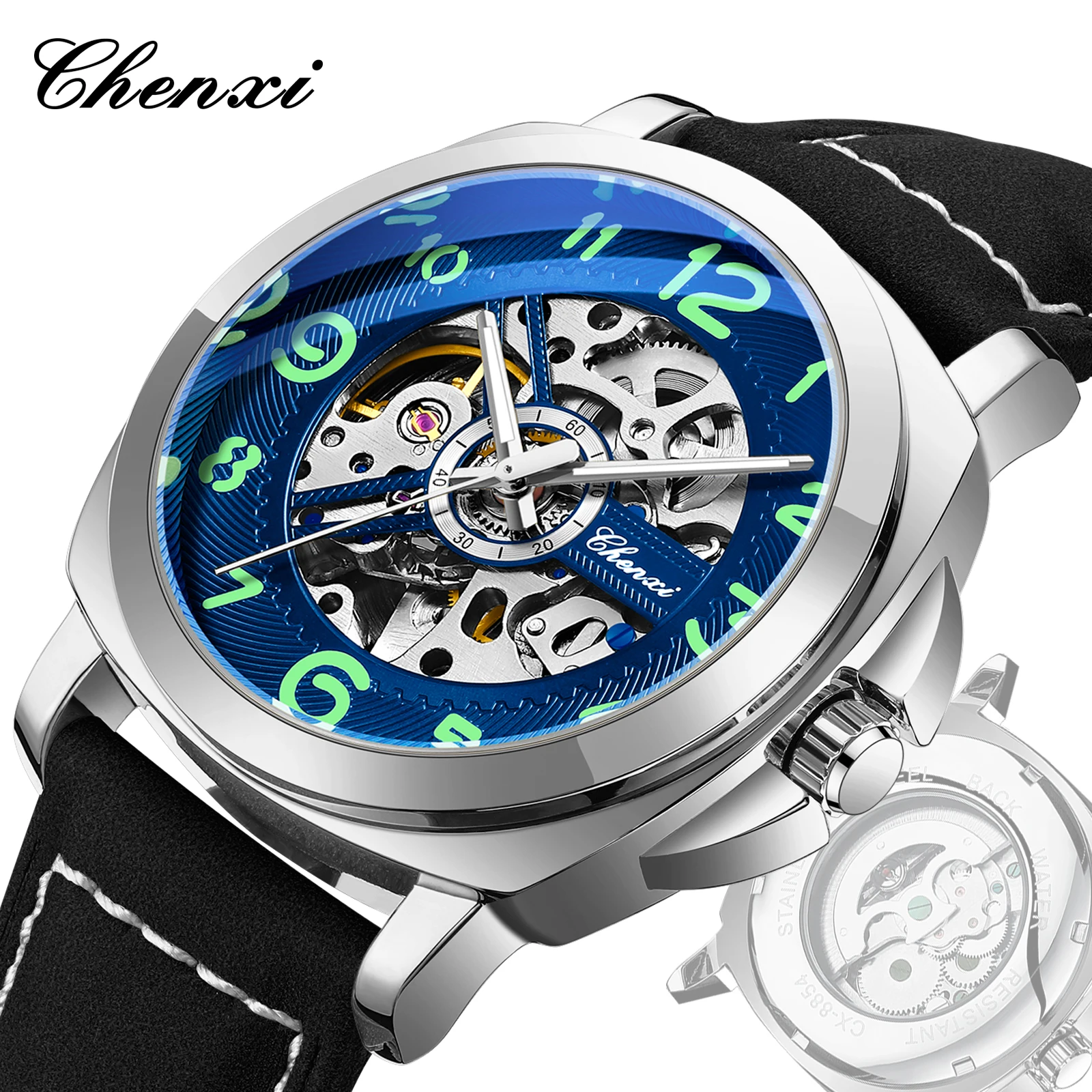 

Мужские автоматические механические часы CHENXI 88542, модные, с люминесцентным циферблатом, кожаным ремешком, элегантные, для делового стиля, reloj hombre.