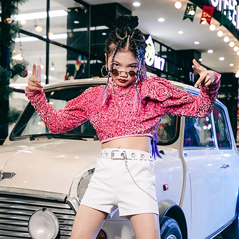 

Girls Pink Sequins Jazz Dancewear Street Dance Hip Hop Dancing Costume Fashion Catwalk Show Clothes Festival Clothing YS3177
