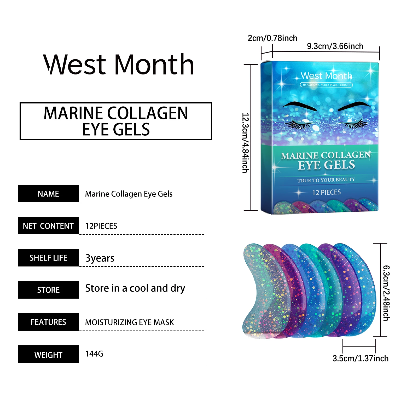WEST MONTH 12 Stück Marine-Kollagen-Augengele beseitigt Falten und feine Linien, verbessert Tränensäcke und Augenringe, stellt die Hautglätte wieder her