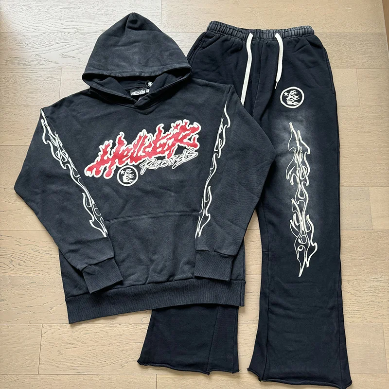 

Retro Waed Hoodie Sweatirt with Burned Letter Print Straight Leg Pants Autumn Set for Young Men Tagkita Brand Long Sve