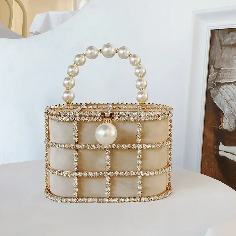 

Diamonds Basket Evening Clutch Bags Women 2023 Luxury Hollow Out Preal Beaded Metallic Cage Handbags Ladies Wedding Party Purse