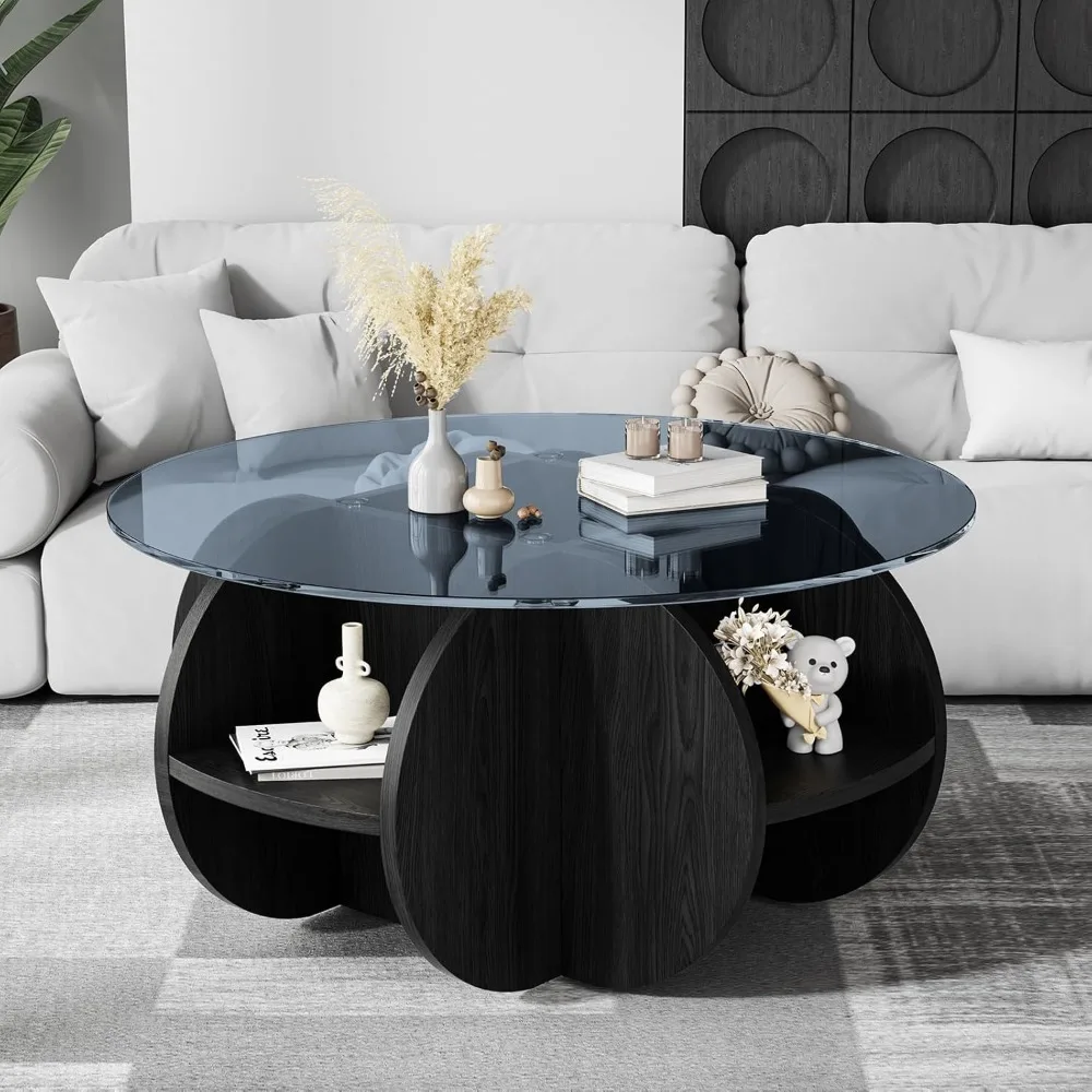 

Round Glass Coffee Table with Storage, 31.5'' Modern Living Room Center Table, Grey Tempered Glass Top Wooden MDF Frame, Space -