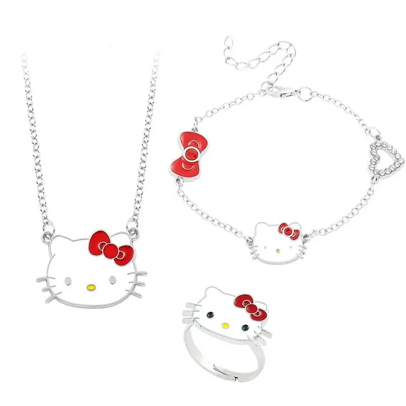 Sanrio Hello Kitty Bracelet Cute Anime Cartoon Girls Fashion Necklace Ring Bow Shine Jewelry Three-piece Holiday Gifts