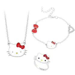 Sanrio Hello Kitty Bracelet Cute Anime Cartoon Girls Fashion Necklace Ring Bow Shine Jewelry Three-piece Holiday Gifts