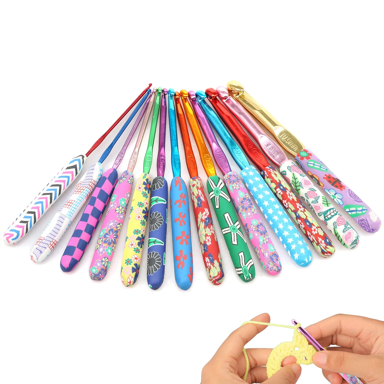 Kit de 14 Agujas de Ganchillo Gigantes de 2mm-10mm con Mango Ergonómico y Diseño Floral para Tejer