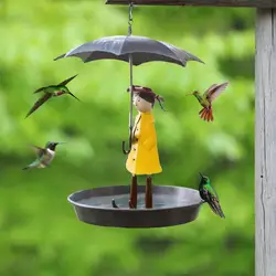 Hanging Bird Feeder Set with Metal Chain Umbrella Girl Design Metal Bird Feeders Feeder with Brush for Outdoor Garden Decor