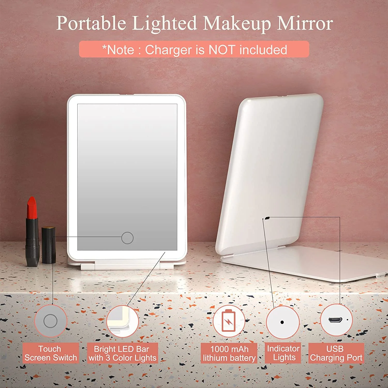 LED Travel Makeup Mirror 3 Colors Light USB Rechargeable Touch Screen Cute Portable Tabletop Cosmetic Mirror Ins PINK Beautiful