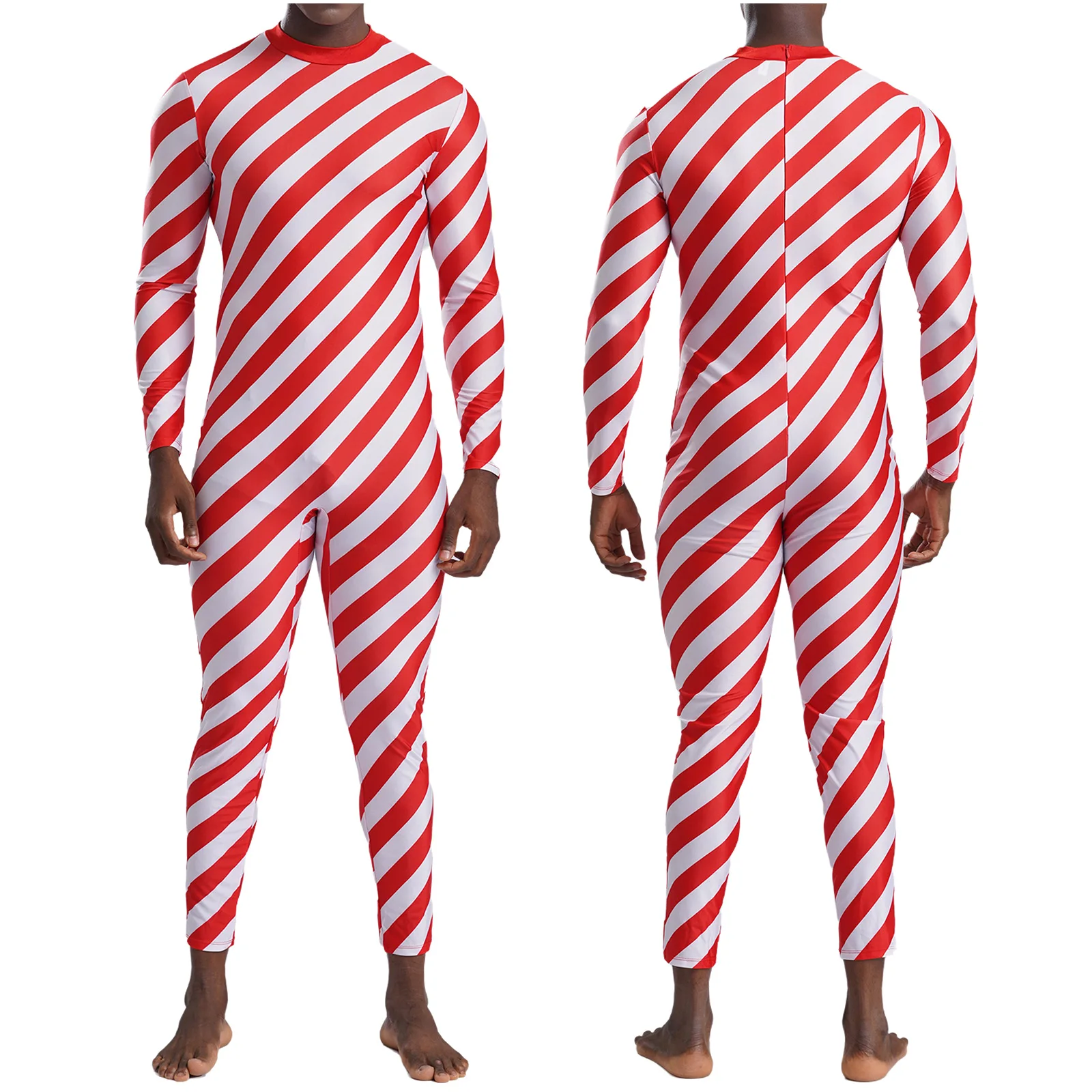 

Adult Men Christmas Candy Cane Bodysuits Costume Unitard Jumpsuit For Xmas Carnival Cosplay Party Fancy Dressup Night Theme Club