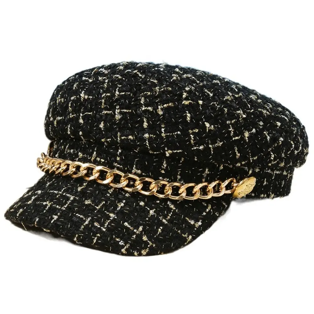 

Winter Vintage Artist Hat Metal Chain Autumn For Girls Keep Warm Plaid Beret Women Visors Cap Octagonal Cap Painter Hat