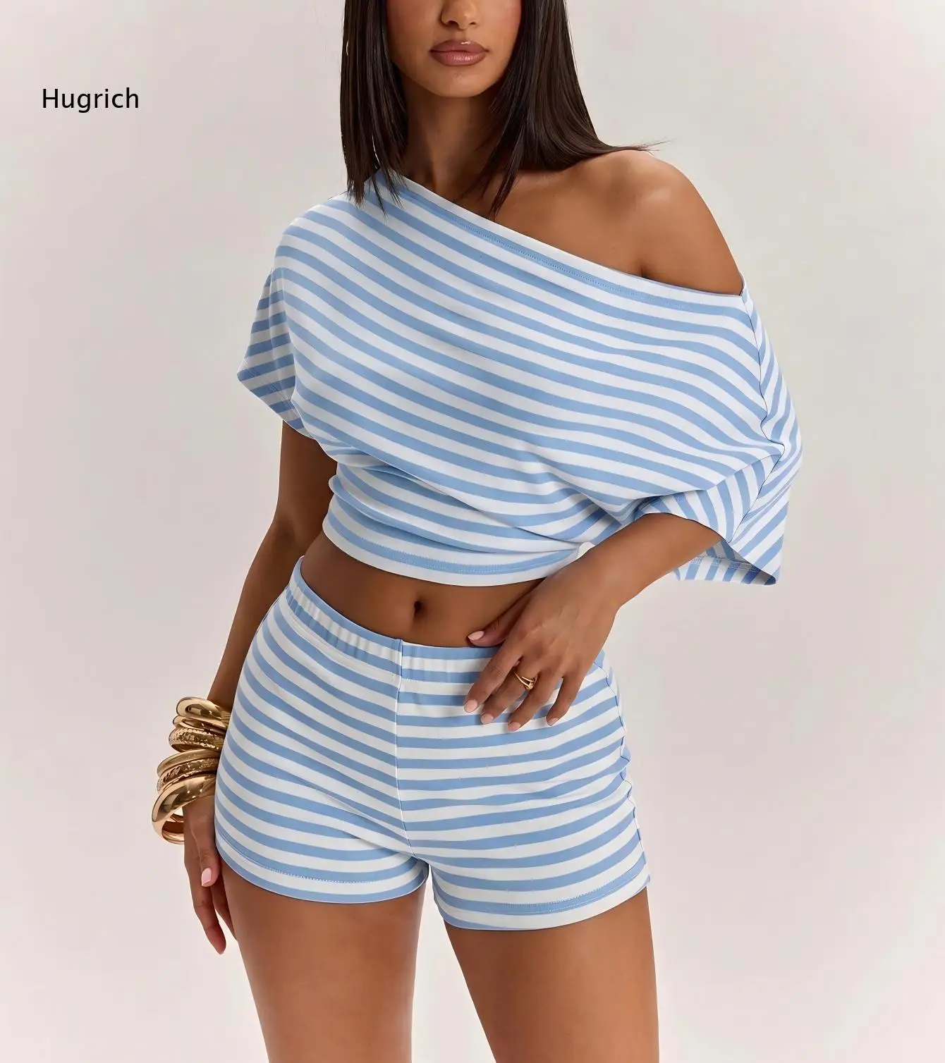 Stylish One Shoulder Striped Top Paired With Tailored Shorts Women Lightweight Fabric Ideal For Poolside Or Weekend Look