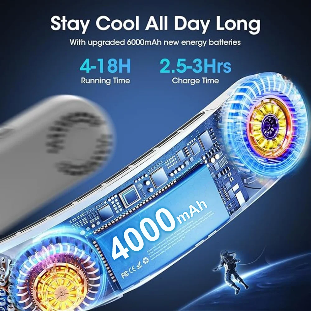 Ventilador de pescoço vestível de 4 turbina - 360 ultrilencioso °   Resfriamento, bateria de 4000mAh, 3 velocidades, seguro para cabelo - presente para família/amigos/colégio
