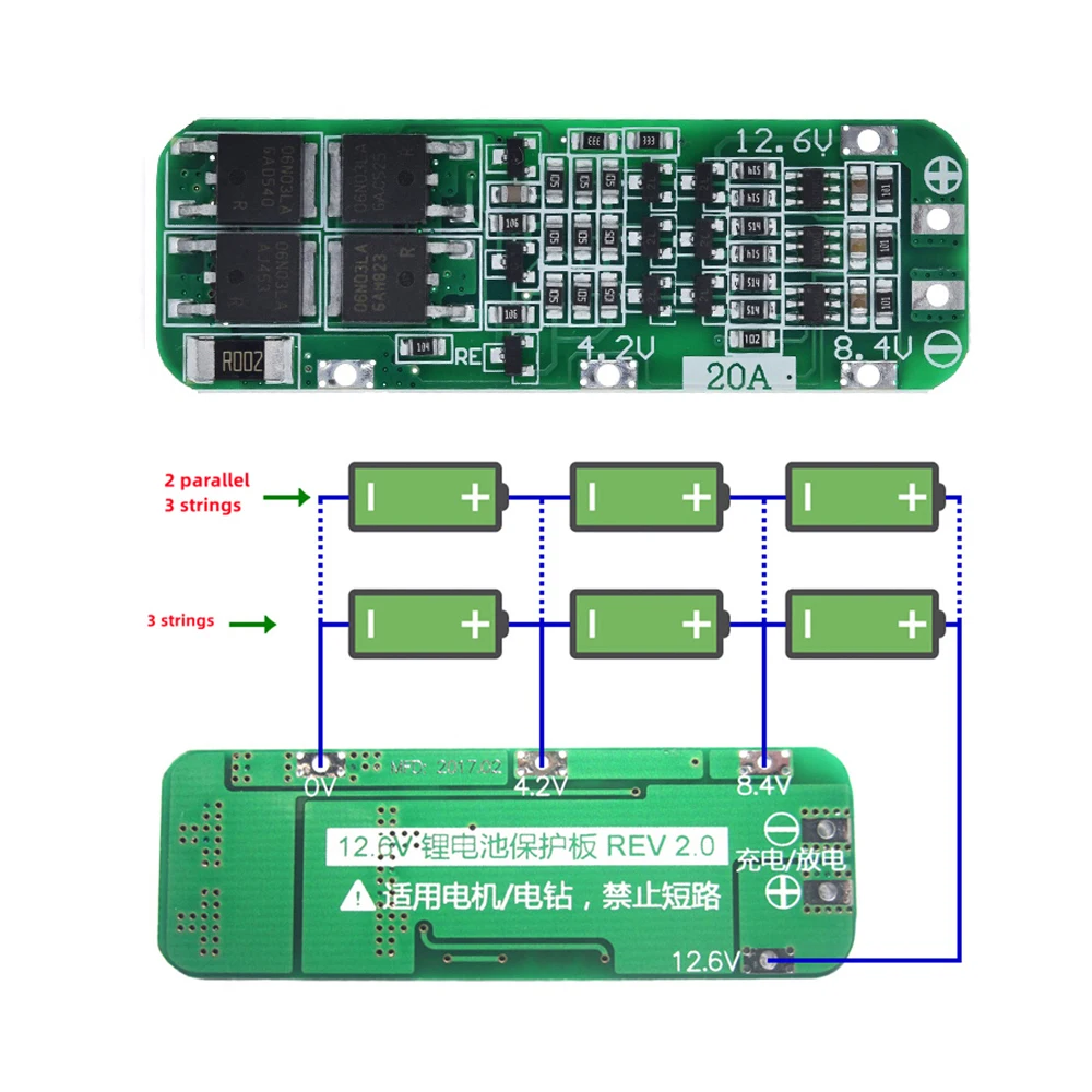 PCB BMS Proteção Board para Drill Motor, 3S 20A Li-ion Battery 18650 Carregador, 12.6V Lipo Cell Module, 64x20x3.4mm